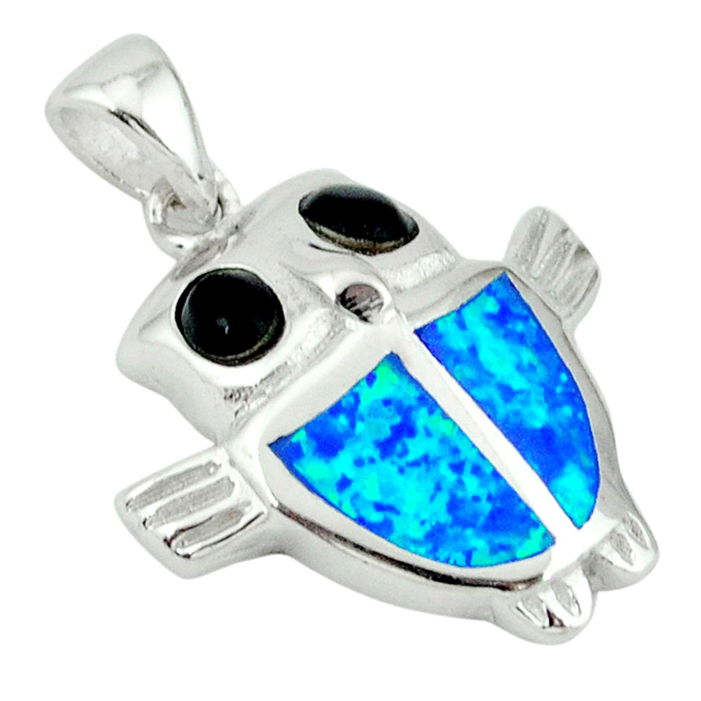 LAB Blue australian opal (lab) onyx 925 sterling silver owl pendant c15633