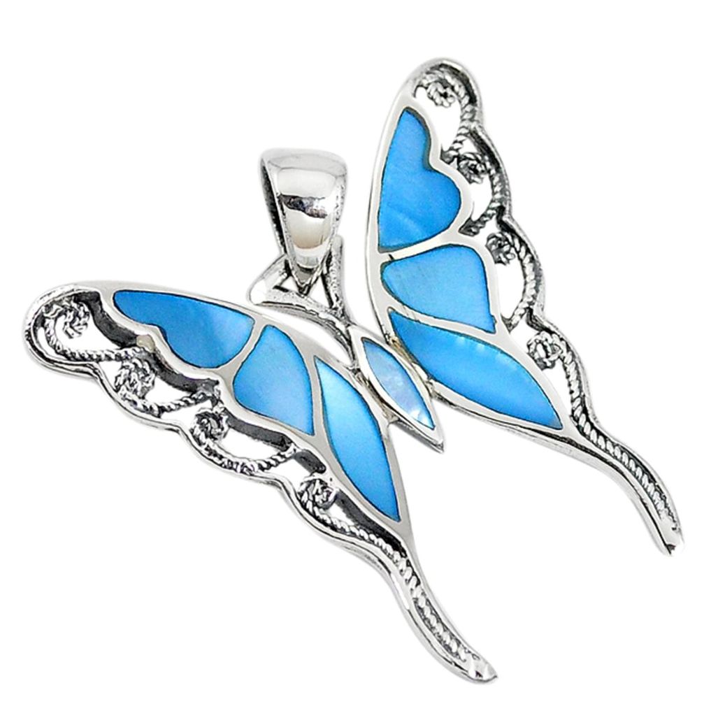 Blue blister pearl enamel 925 silver butterfly pendant jewelry c22748