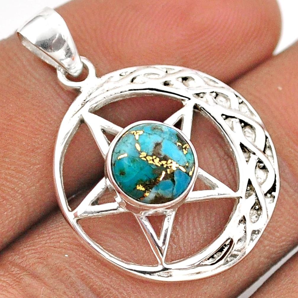 2.97cts blue copper turquoise 925 silver dark lord pentagram pendant t88852
