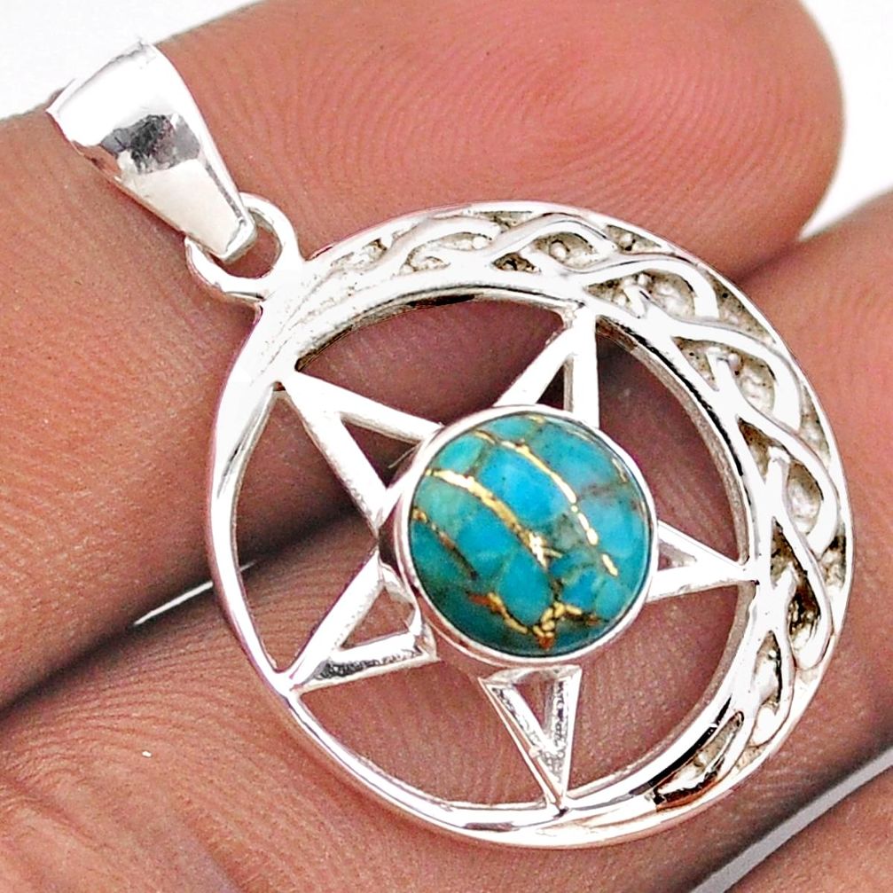 3.14cts blue copper turquoise 925 silver dark lord pentagram pendant t88853
