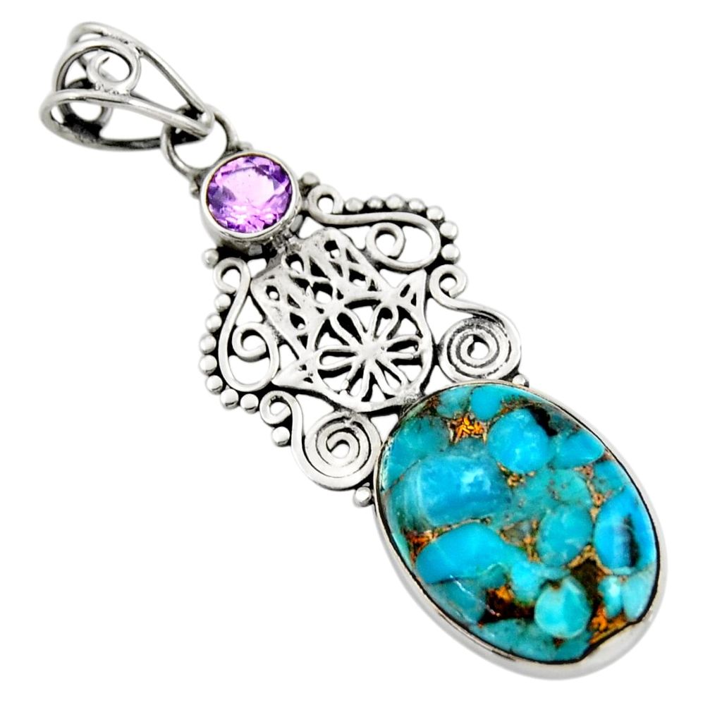13.55cts blue copper turquoise 925 silver hand of god hamsa pendant d41754
