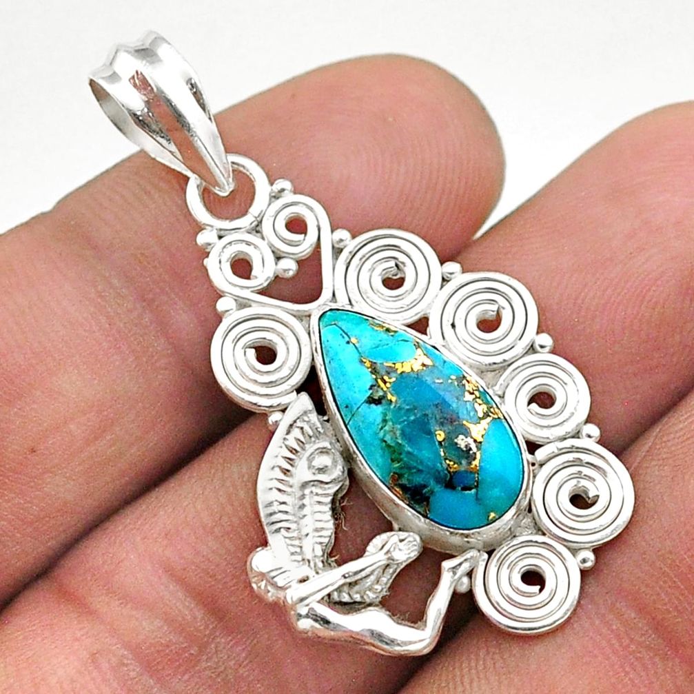 5.63cts blue copper turquoise 925 sterling silver angel pendant jewelry t64877
