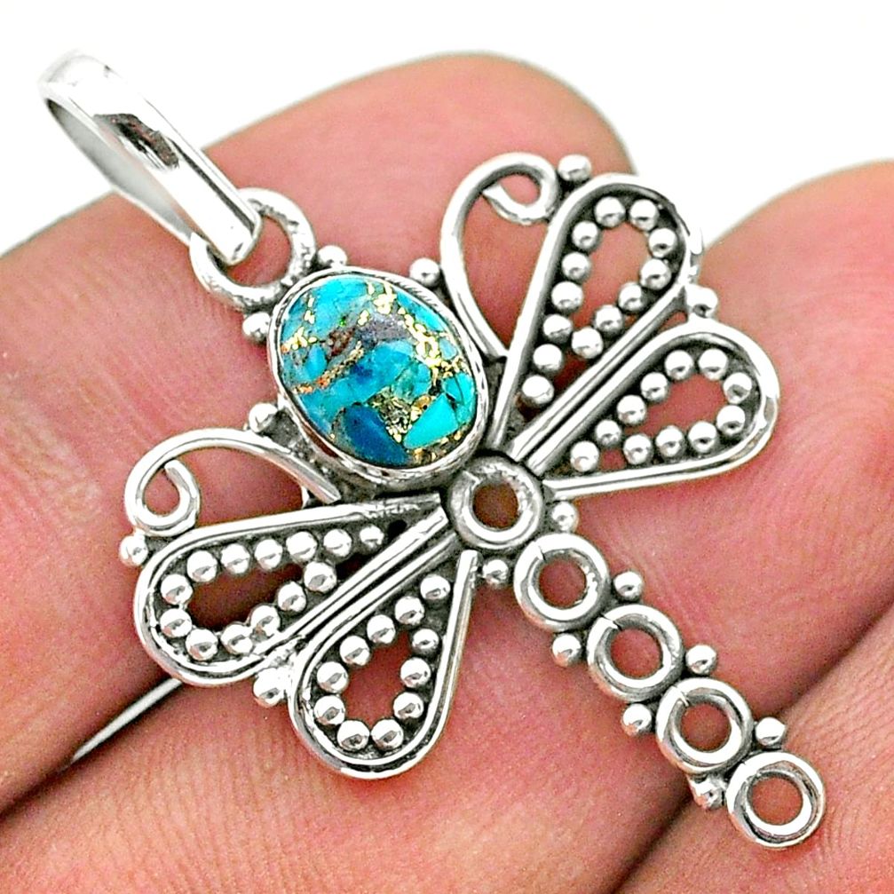 1.94cts blue copper turquoise 925 sterling silver dragonfly pendant t32910