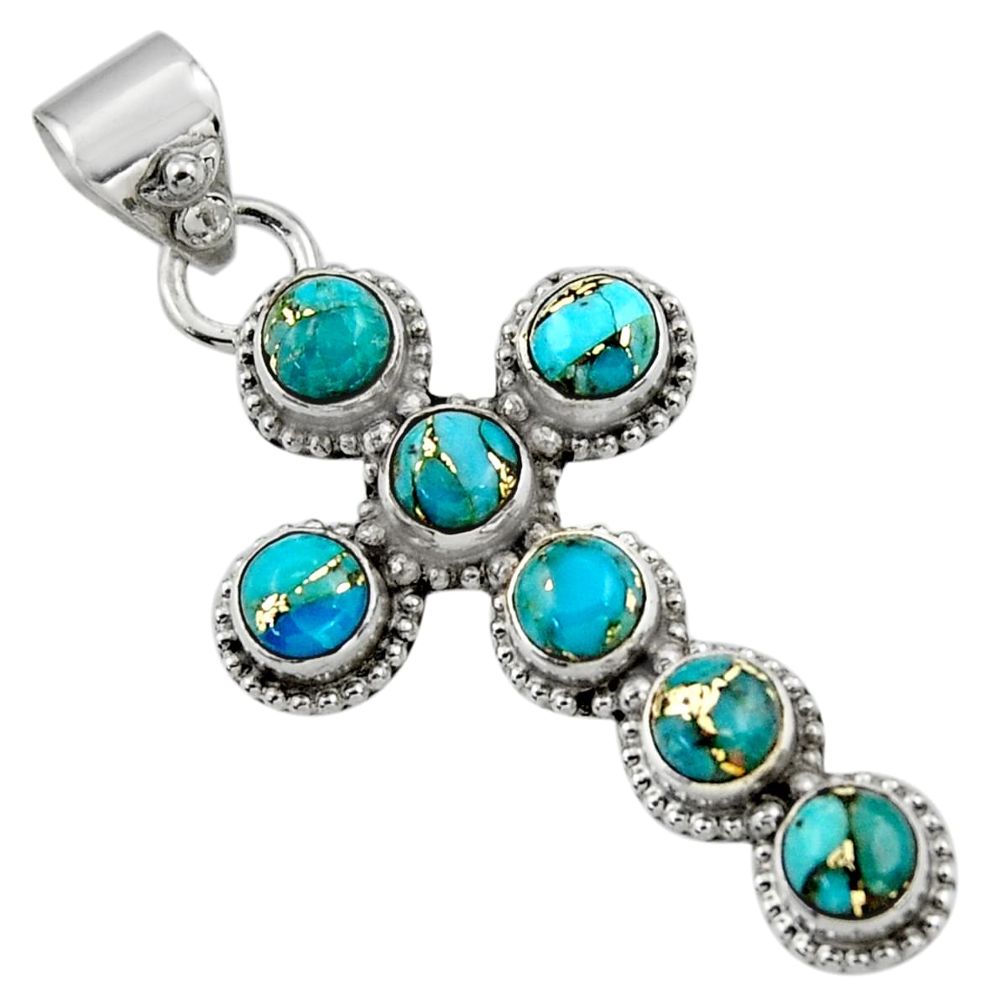 6.83cts blue copper turquoise 925 sterling silver holy cross pendant r48007