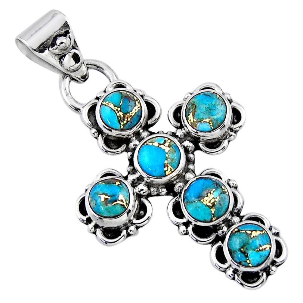 4.38cts blue copper turquoise 925 sterling silver holy cross pendant r55787