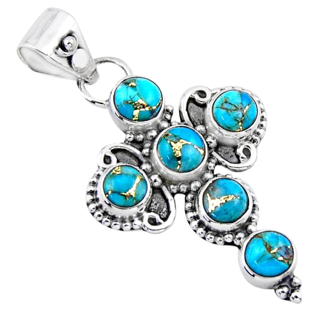 4.46cts blue copper turquoise 925 sterling silver holy cross pendant r55828