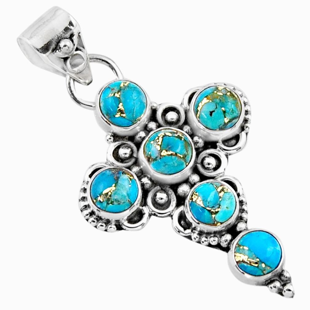 4.22cts blue copper turquoise 925 sterling silver holy cross pendant r55946