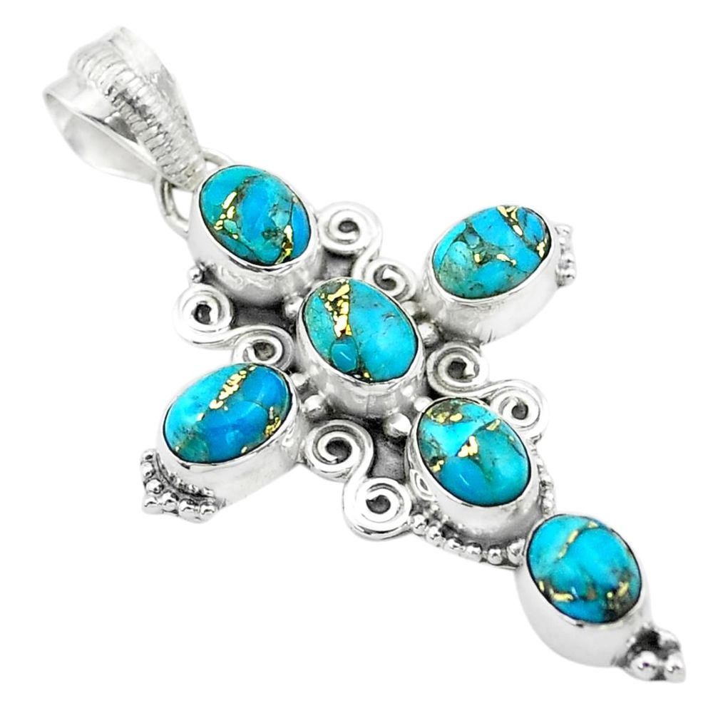 9.63cts blue copper turquoise 925 sterling silver holy cross pendant t53051