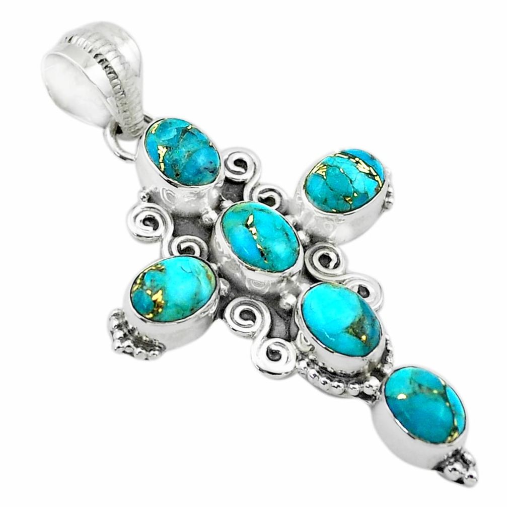 9.04cts blue copper turquoise 925 sterling silver holy cross pendant t53055