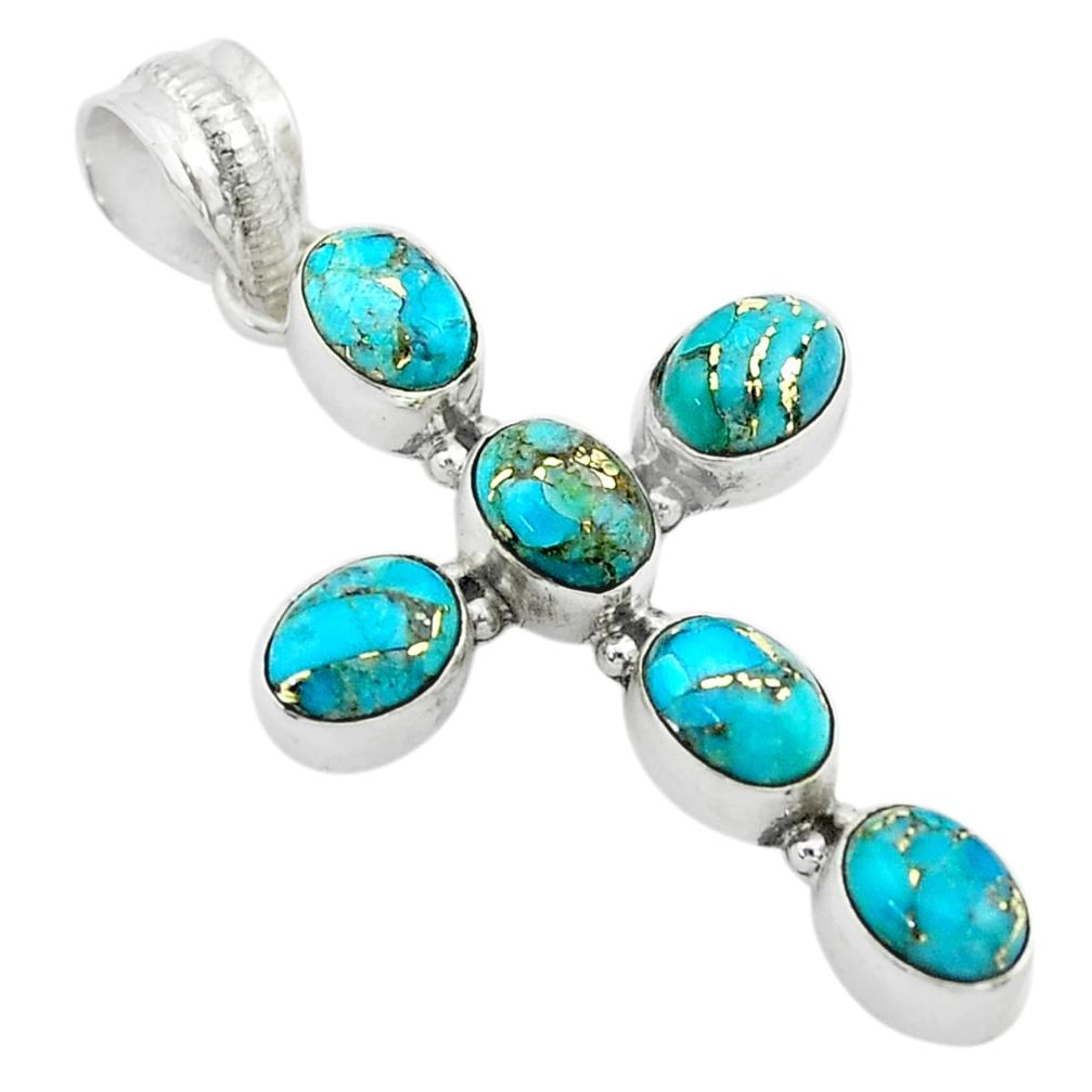 9.25cts blue copper turquoise 925 sterling silver holy cross pendant t53060