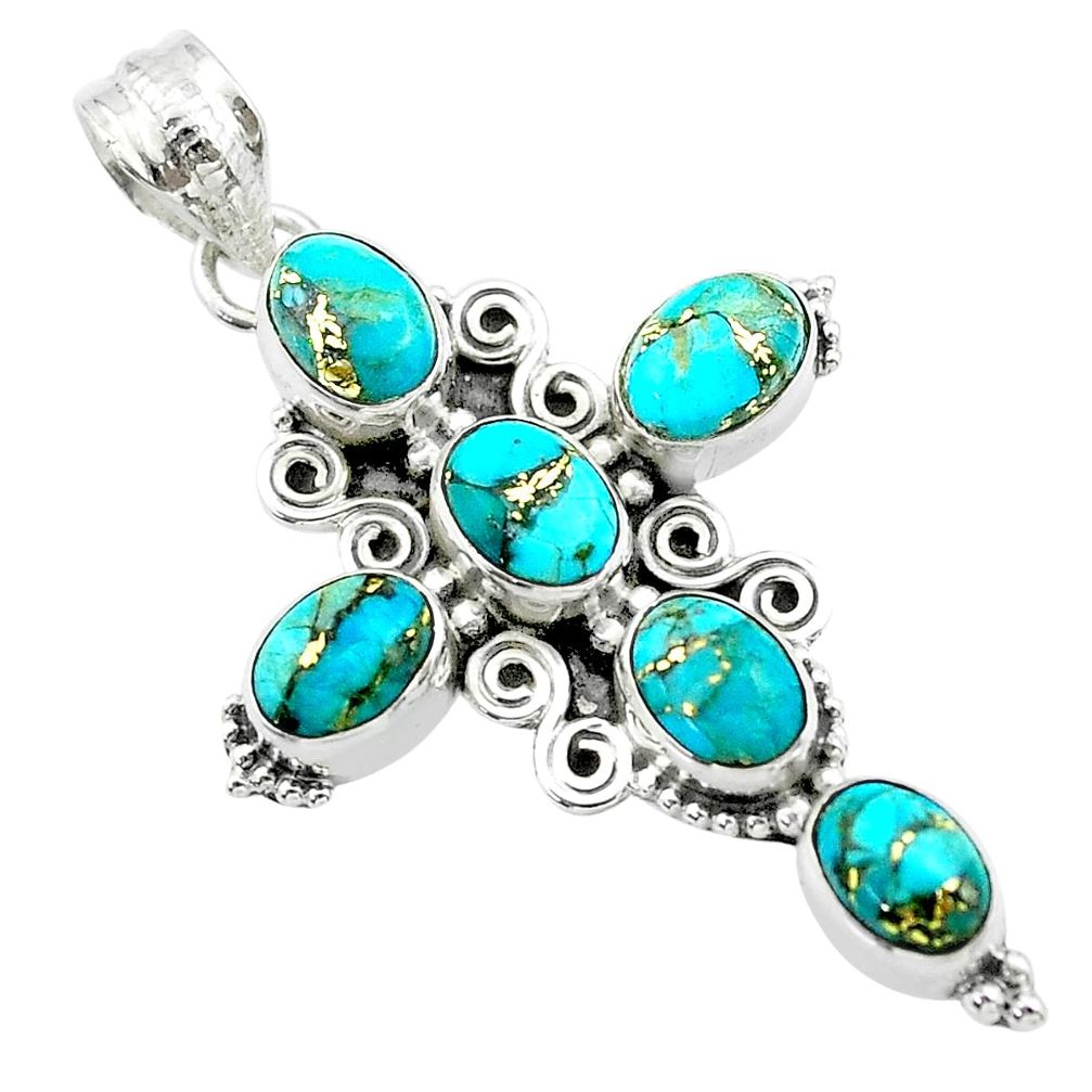 9.67cts blue copper turquoise 925 sterling silver holy cross pendant t53095