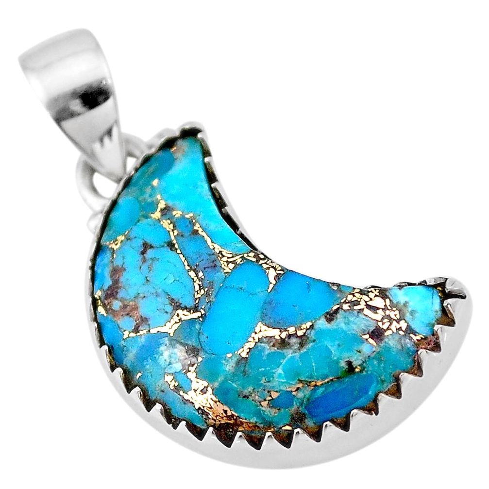 10.22cts blue copper turquoise 925 sterling silver moon pendant t21882