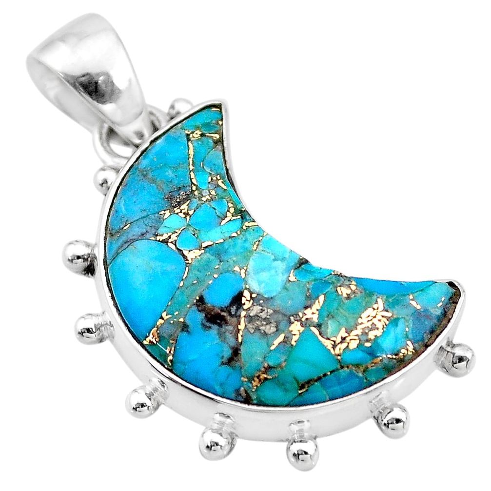 10.08cts blue copper turquoise 925 sterling silver moon pendant t21883