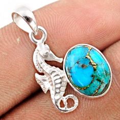 4.59cts blue copper turquoise 925 sterling silver seahorse pendant t82727