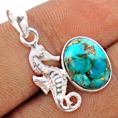 4.50cts blue copper turquoise 925 sterling silver seahorse pendant t82776