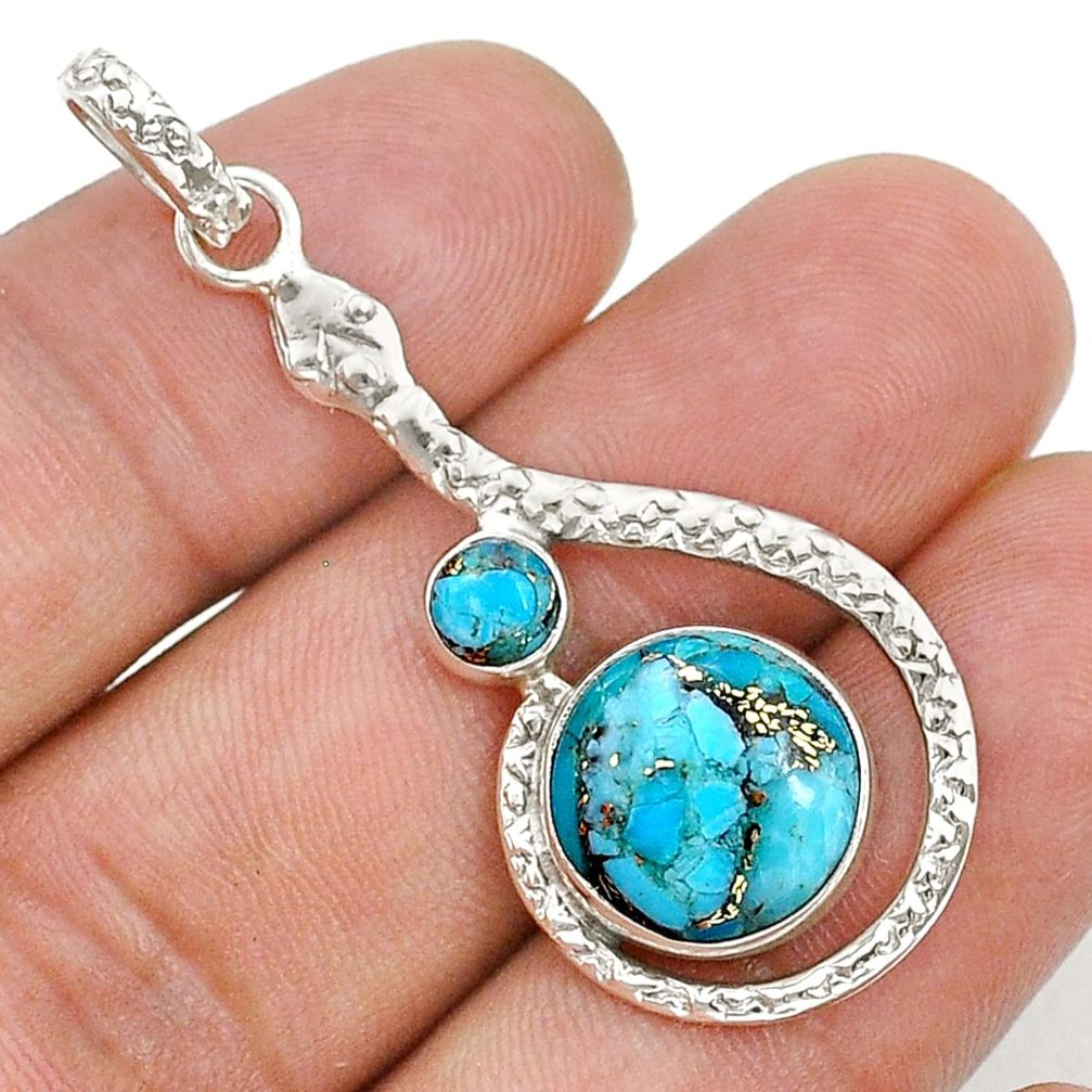 5.84cts blue copper turquoise 925 sterling silver snake pendant jewelry u78775