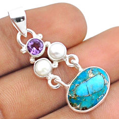 7.94cts blue copper turquoise amethyst pearl 925 sterling silver pendant u18439