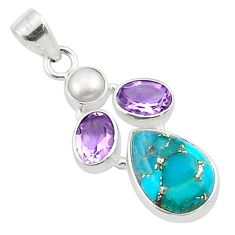 8.21cts blue copper turquoise amethyst pearl 925 sterling silver pendant u31870