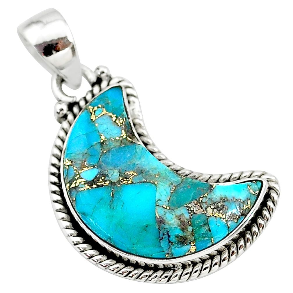 12.58cts blue copper turquoise fancy 925 sterling silver moon pendant t21959