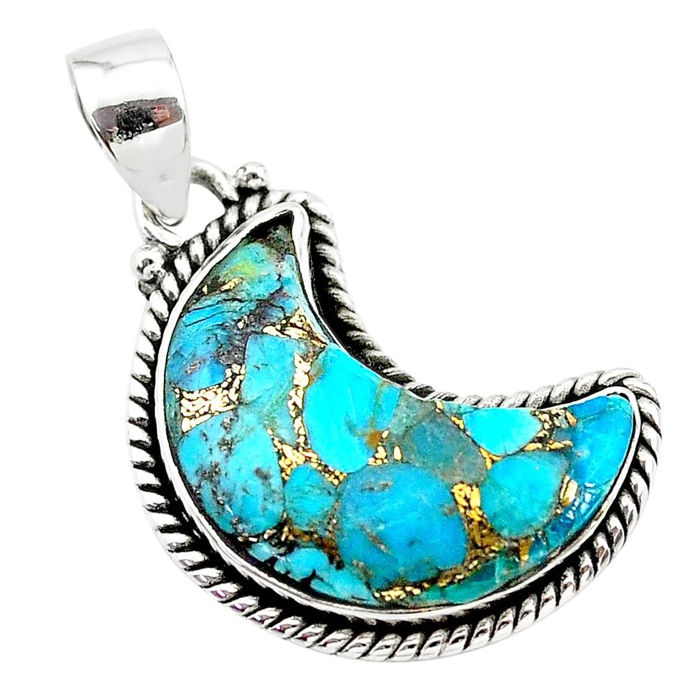 12.22cts blue copper turquoise fancy 925 sterling silver moon pendant t21996