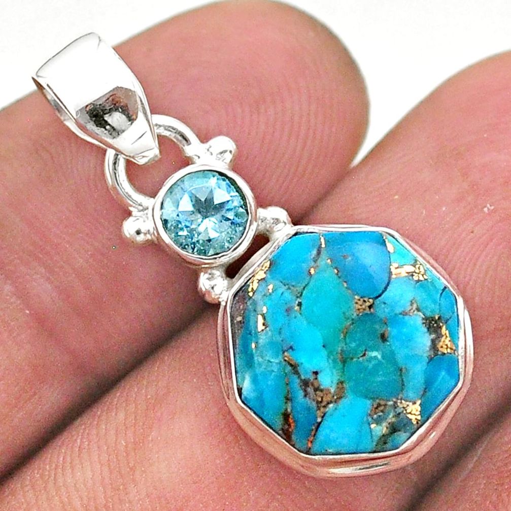 7.00cts blue copper turquoise hexagon topaz 925 silver pendant jewelry t46465