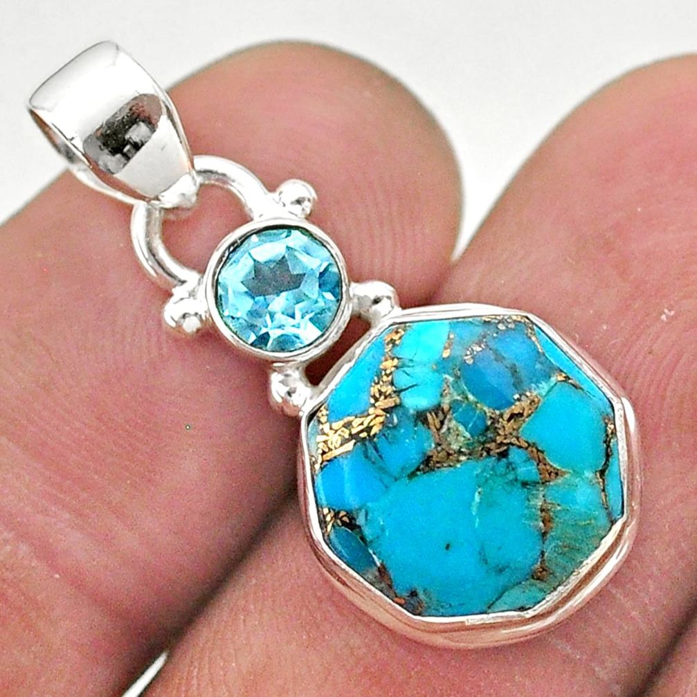 6.25cts blue copper turquoise hexagon topaz 925 silver pendant jewelry t46466