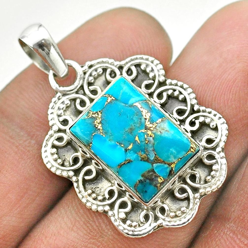 7.67cts blue copper turquoise octagan 925 sterling silver pendant jewelry t53165