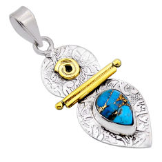 2.14cts blue copper turquoise pear shape 925 sterling silver gold pendant n54006
