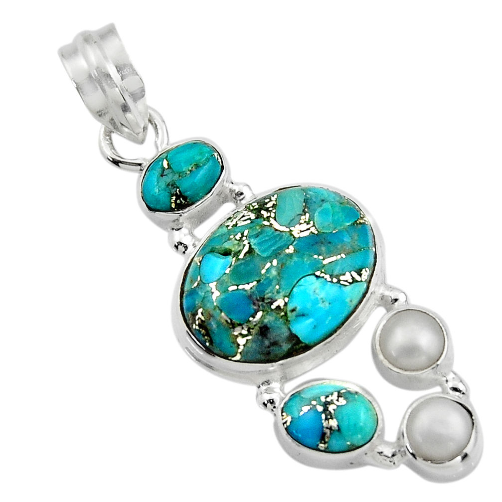 15.16cts blue copper turquoise pearl 925 sterling silver pendant jewelry r44647