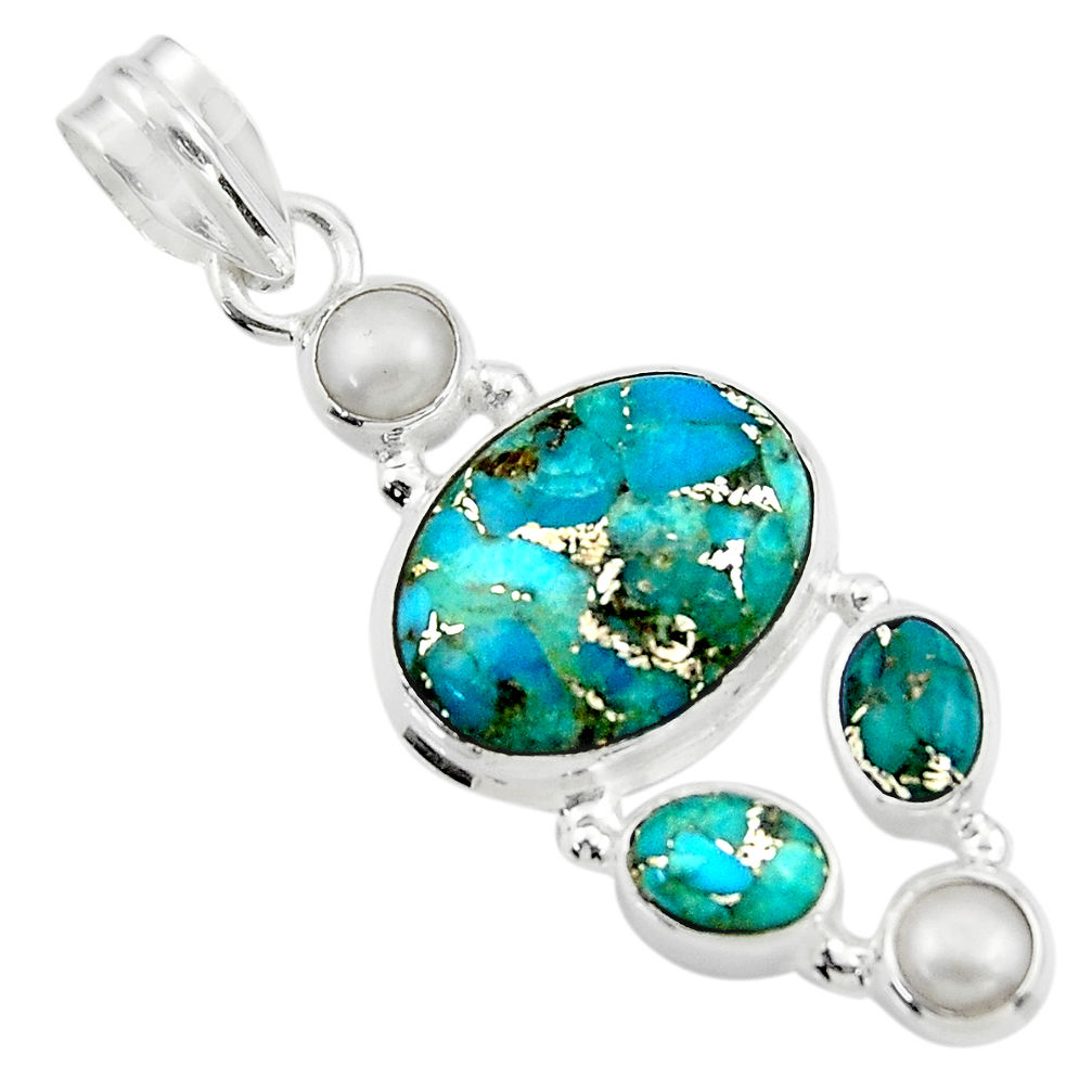 15.04cts blue copper turquoise pearl 925 sterling silver pendant jewelry r44650