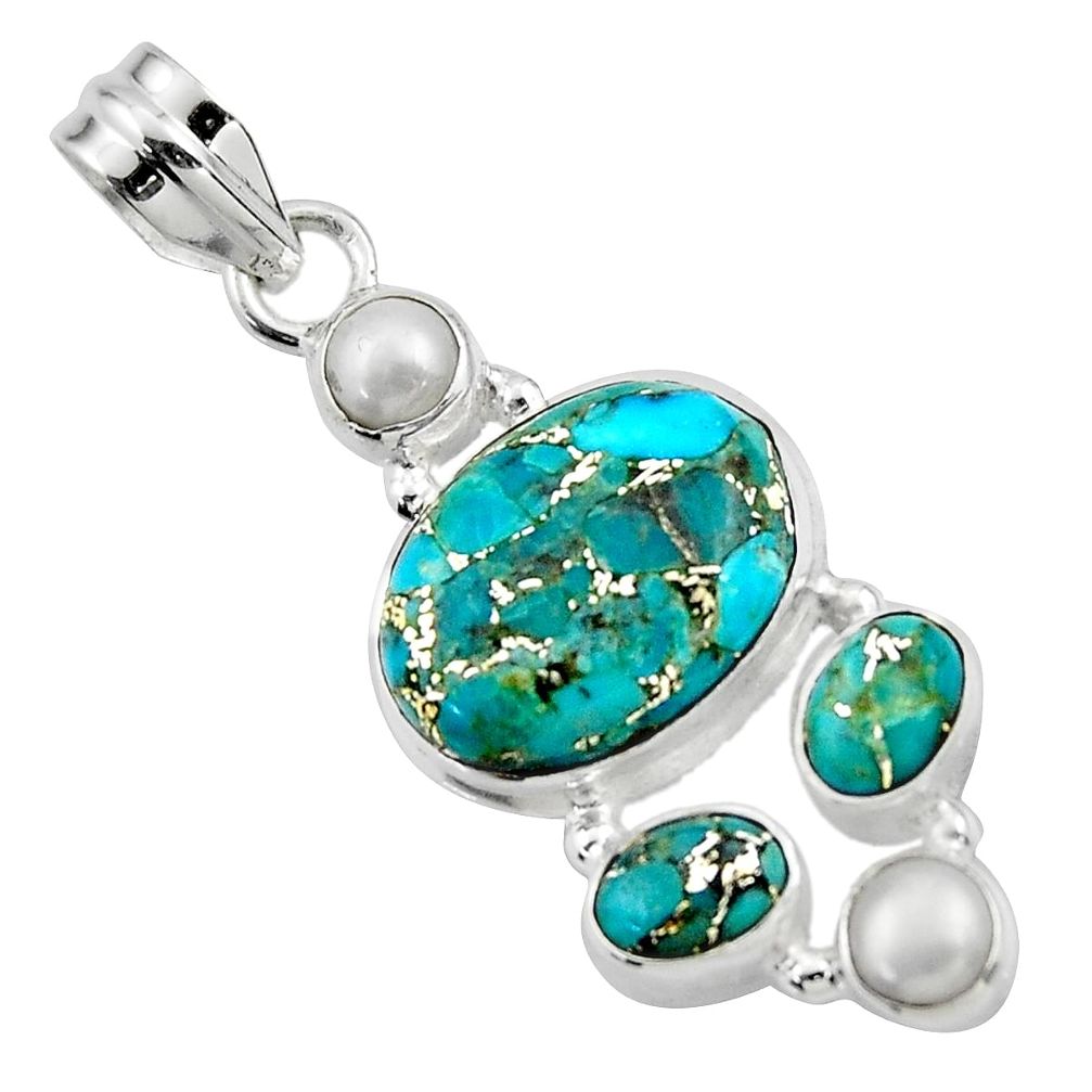 15.02cts blue copper turquoise pearl 925 sterling silver pendant jewelry r44651