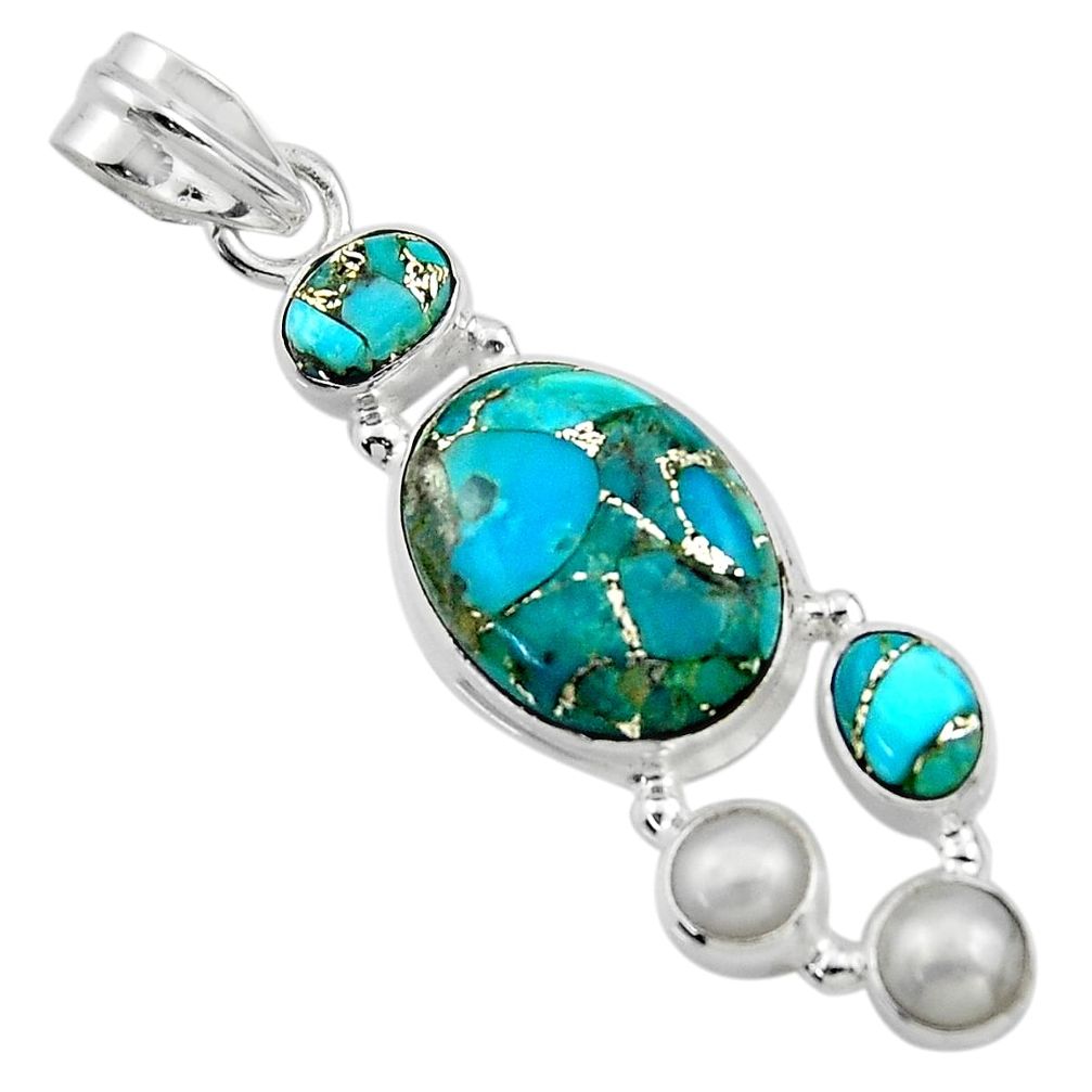 15.71cts blue copper turquoise pearl 925 sterling silver pendant jewelry r44652