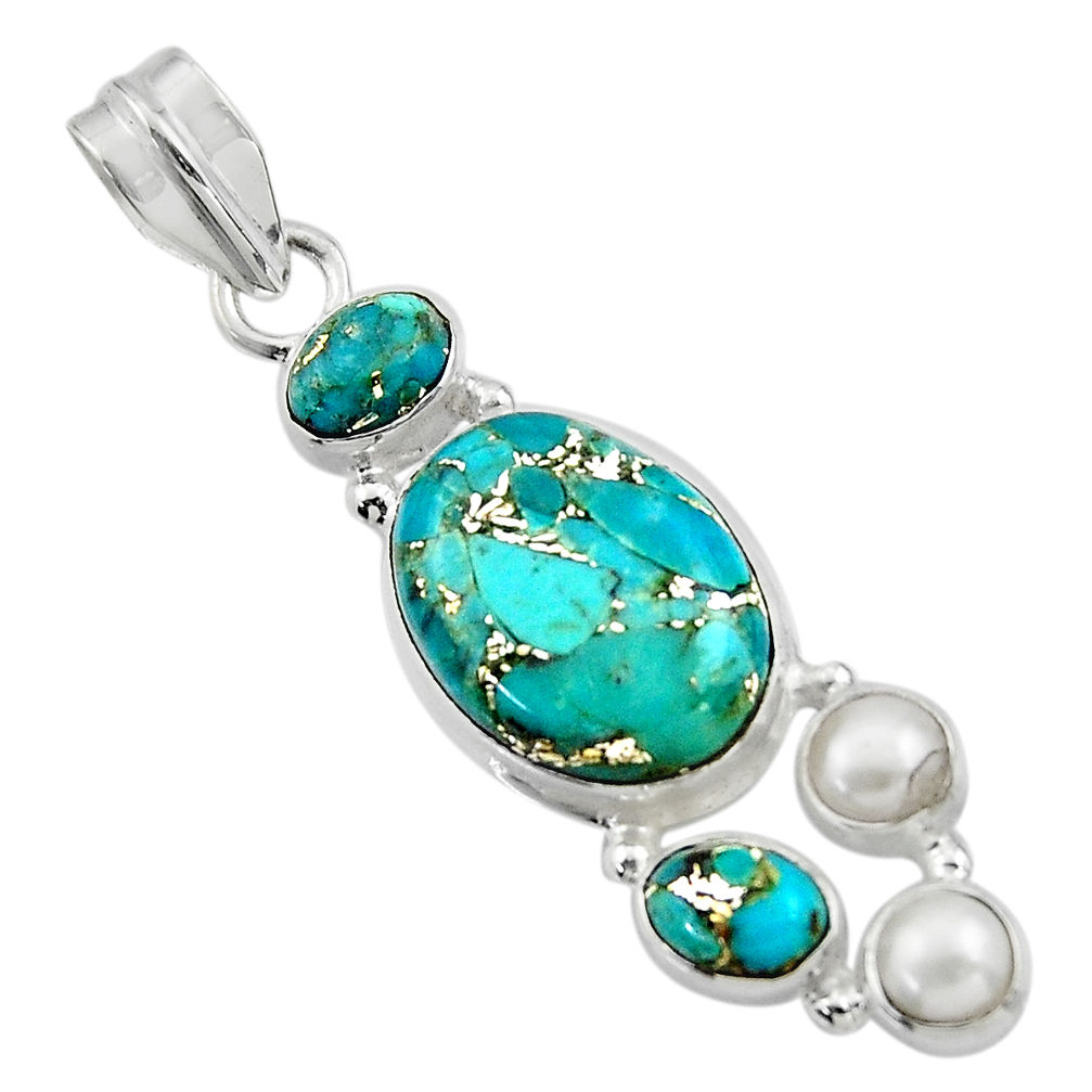 15.02cts blue copper turquoise pearl 925 sterling silver pendant jewelry r44653