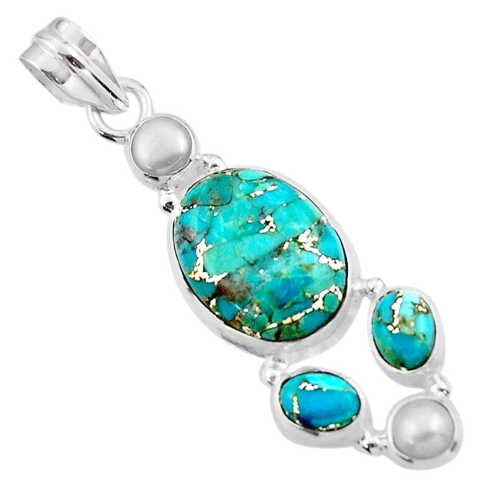 15.34cts blue copper turquoise pearl 925 sterling silver pendant jewelry r44674