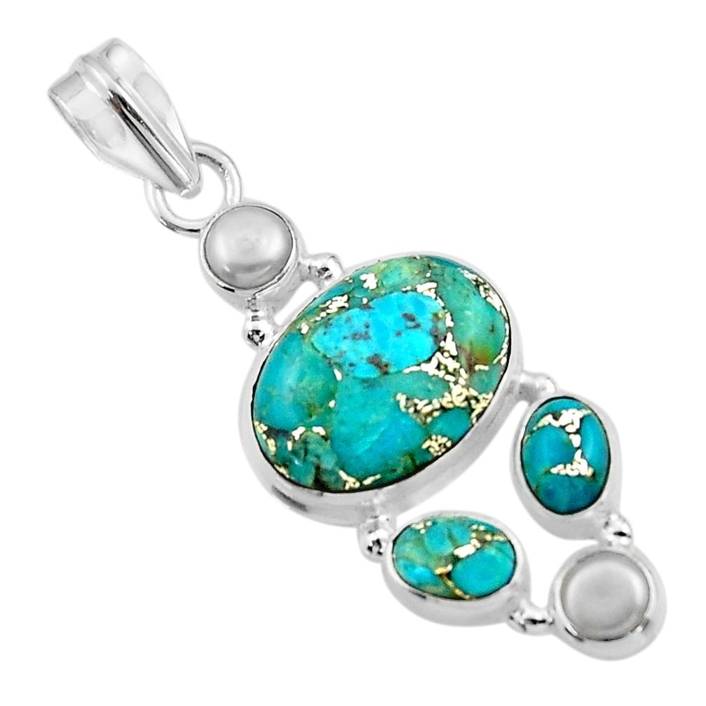 15.04cts blue copper turquoise pearl 925 sterling silver pendant jewelry r44676