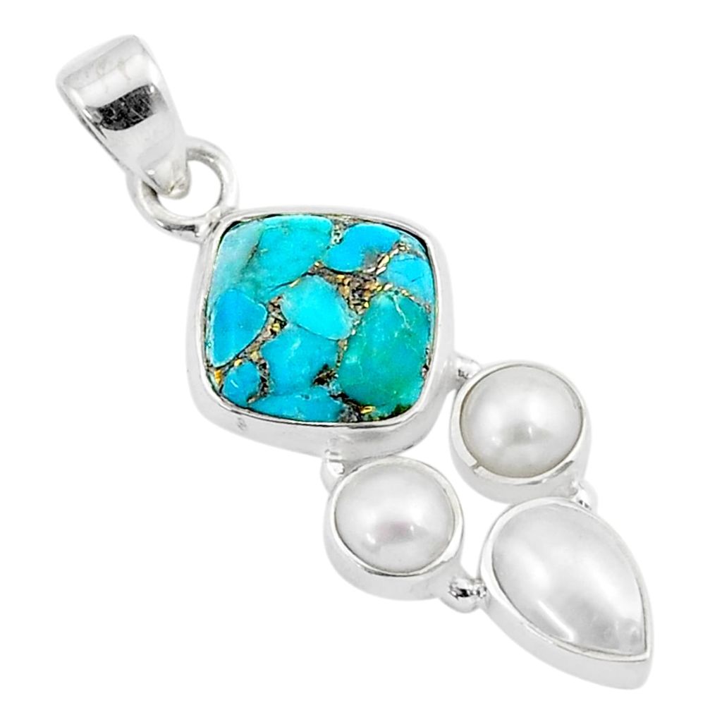 6.71cts blue copper turquoise pearl 925 sterling silver pendant jewelry u31906