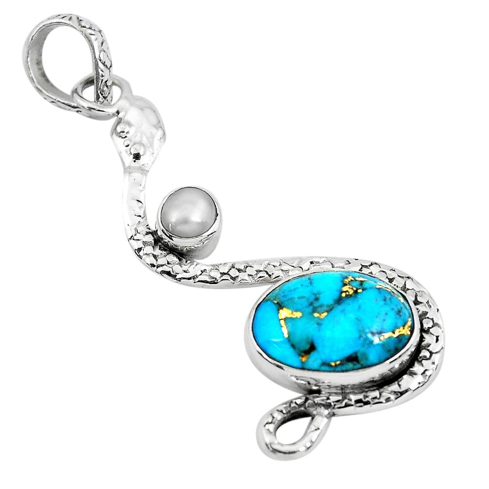 6.58cts blue copper turquoise pearl 925 sterling silver snake pendant p49105