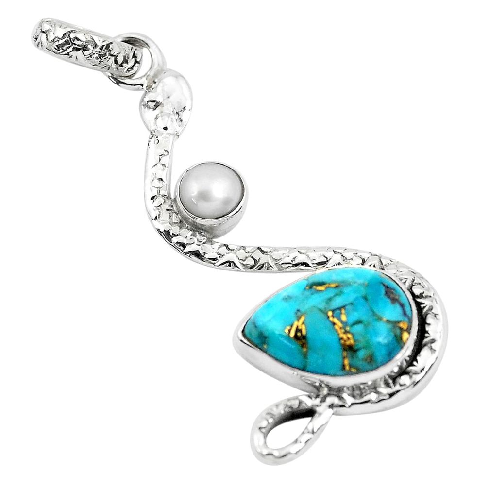 6.36cts blue copper turquoise pearl 925 sterling silver snake pendant p49106