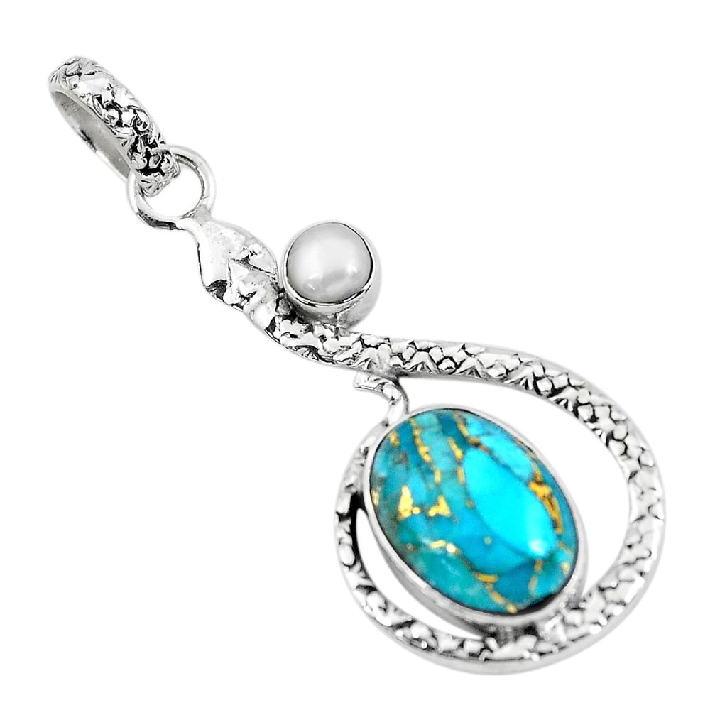 6.84cts blue copper turquoise pearl 925 sterling silver snake pendant p49134