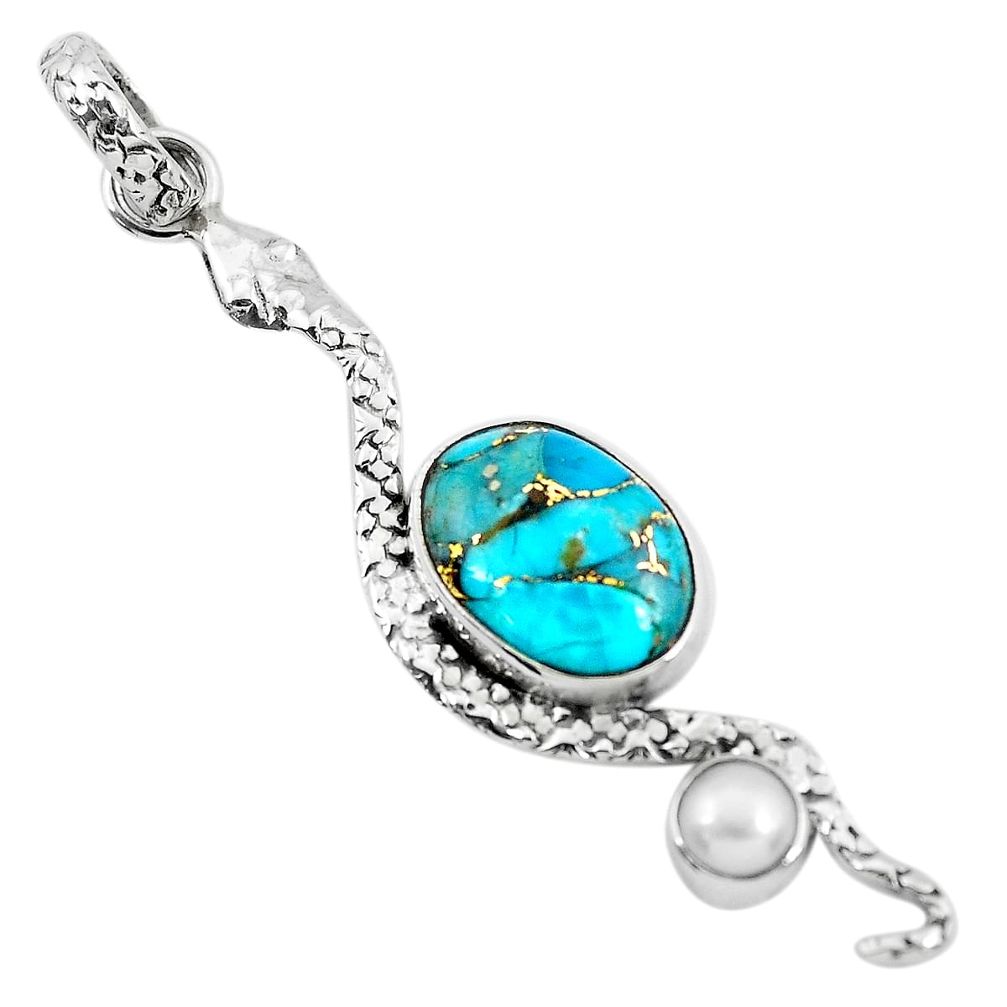 7.53cts blue copper turquoise pearl 925 sterling silver snake pendant p49147