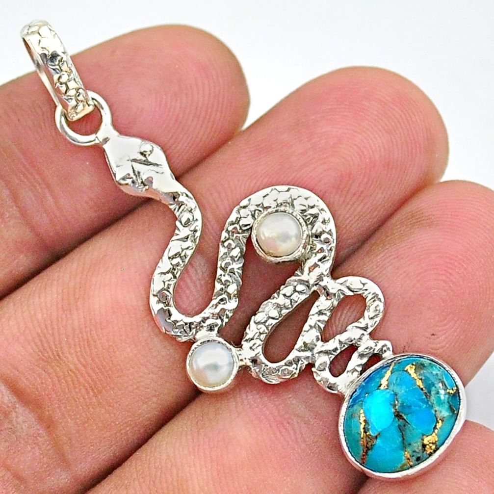6.08cts blue copper turquoise pearl 925 sterling silver snake pendant t35548