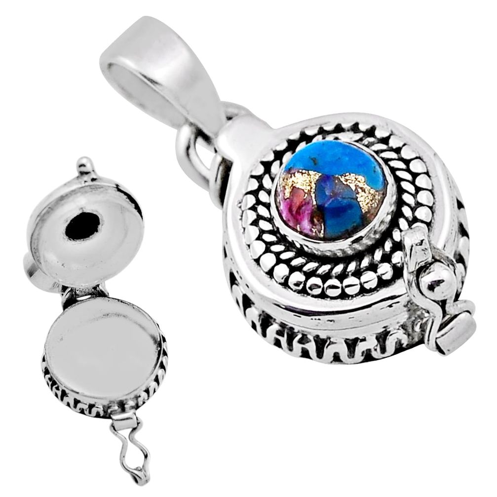 0.98cts blue copper turquoise round sterling silver poison box pendant n31958