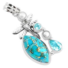 Clearance Sale- 15.11cts blue copper turquoise topaz 925 silver dragonfly pendant p37632