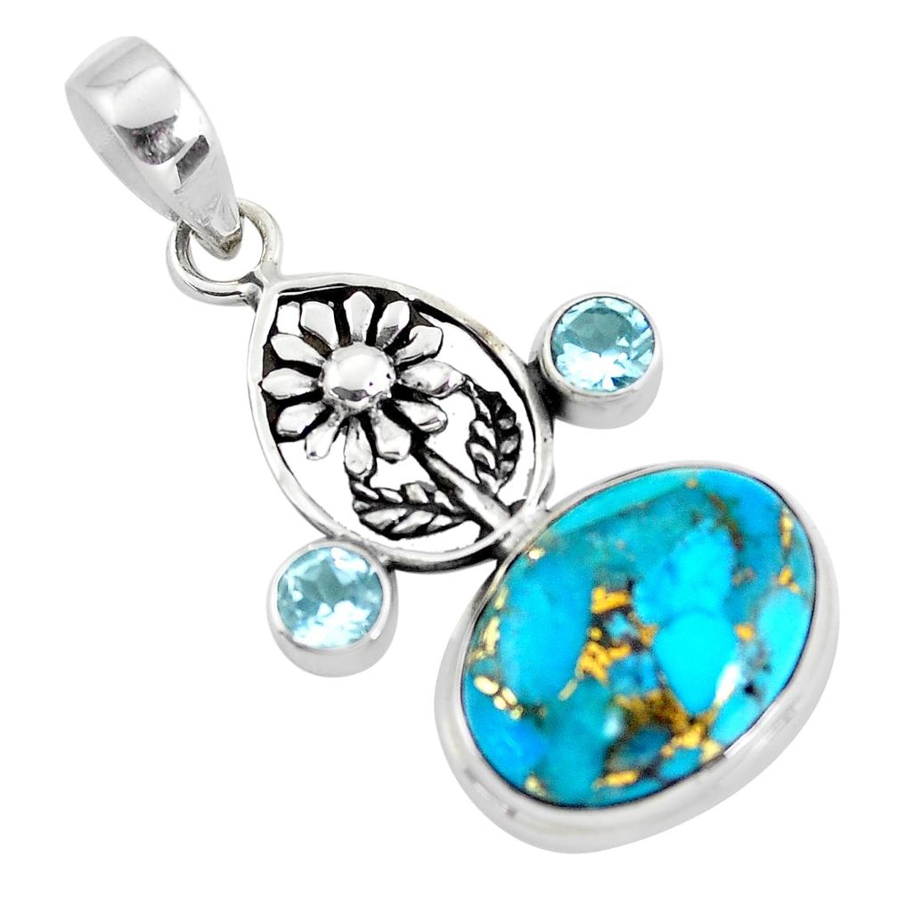14.86cts blue copper turquoise topaz 925 sterling silver flower pendant p56772