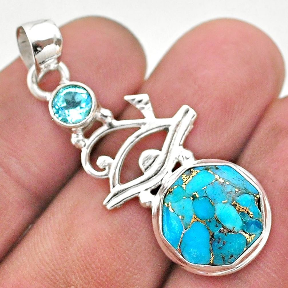 6.01cts blue copper turquoise topaz 925 sterling silver horse eye pendant t46393