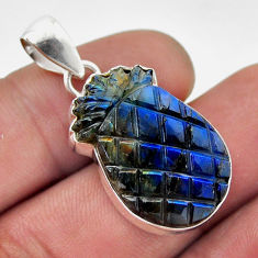 Blue labradorite spectrolite ( finland) carving pineapple silver pendant n48219