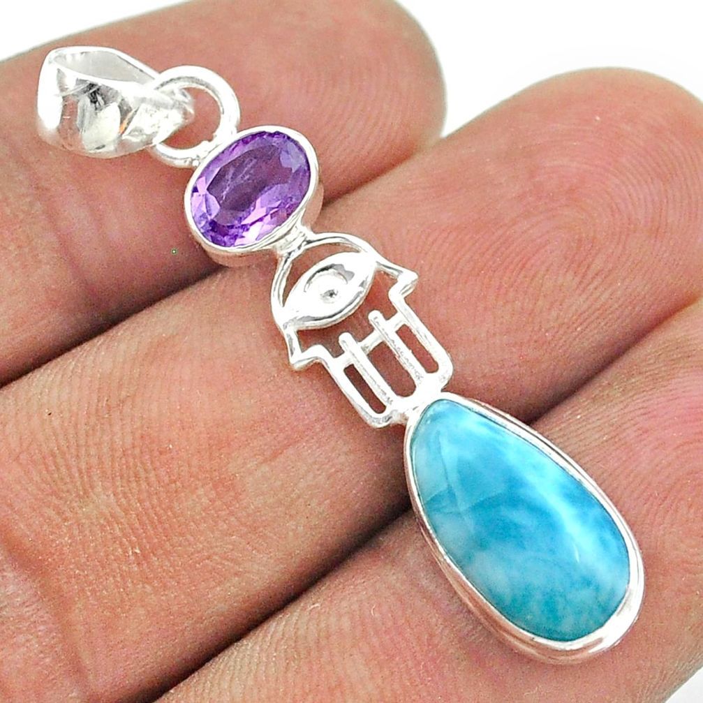 7.65cts blue larimar amethyst 925 silver hand of god hamsa pendant t56589