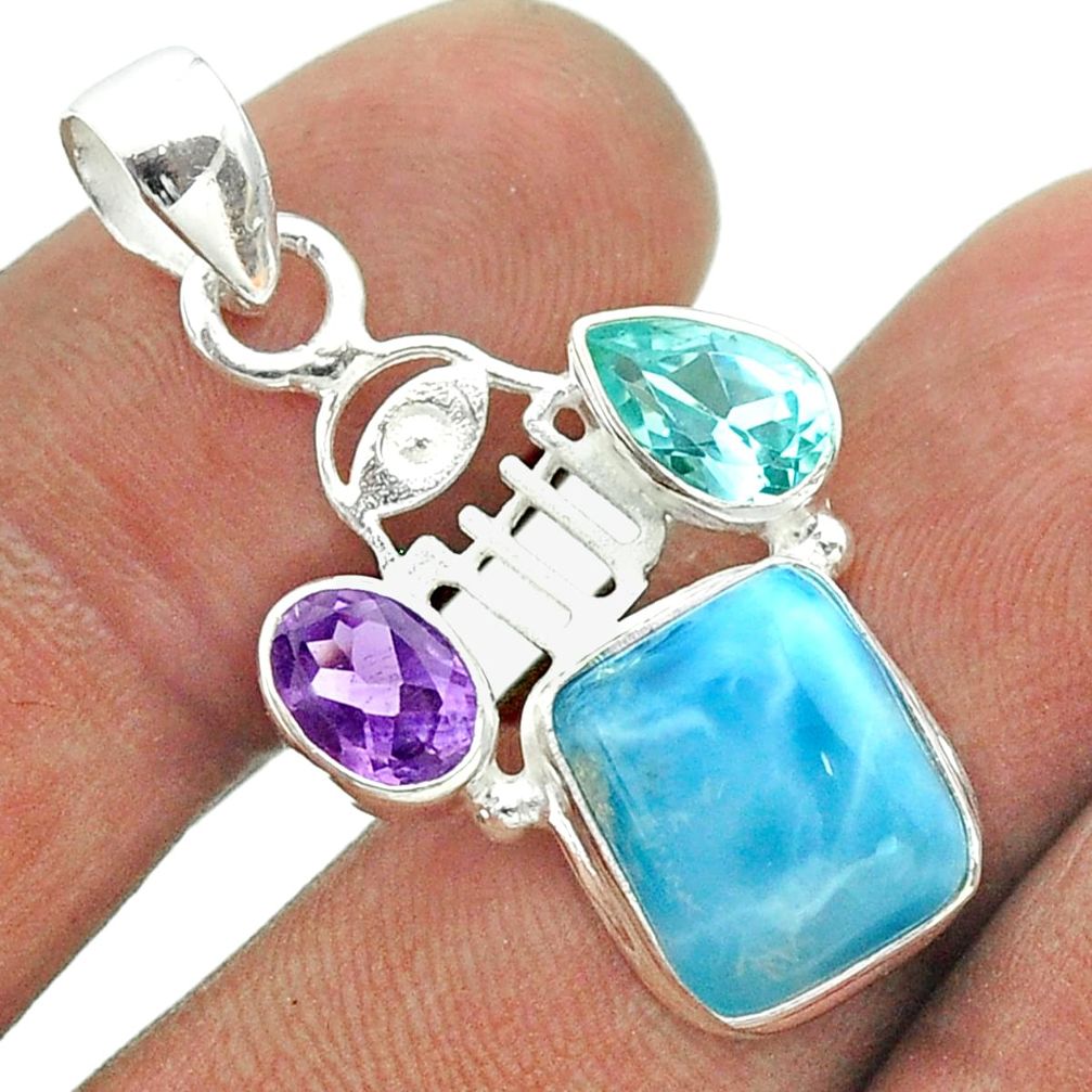 10.02cts blue larimar amethyst topaz 925 silver hand of god hamsa pendant t56581