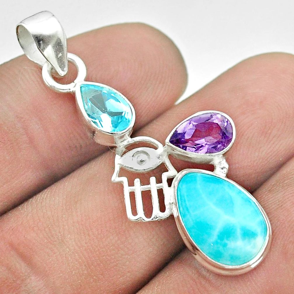 9.98cts blue larimar amethyst topaz 925 silver hand of god hamsa pendant t56634