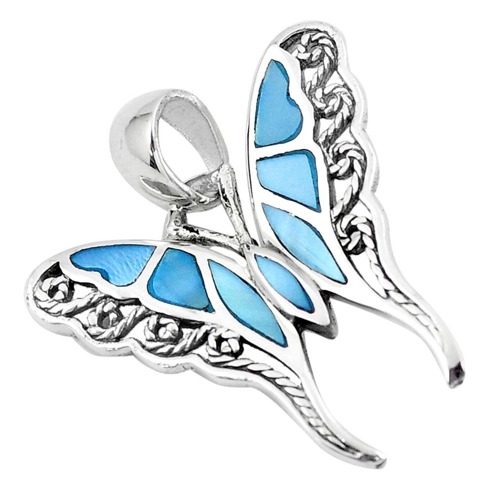 3.26gms blue pearl enamel 925 sterling silver butterfly pendant a88604 c14834